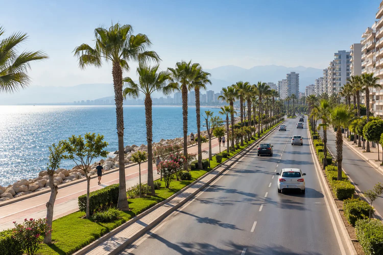 Mersin sahil yolu boyunca palmiye ağaçları ve denize paralel uzanan bulvar