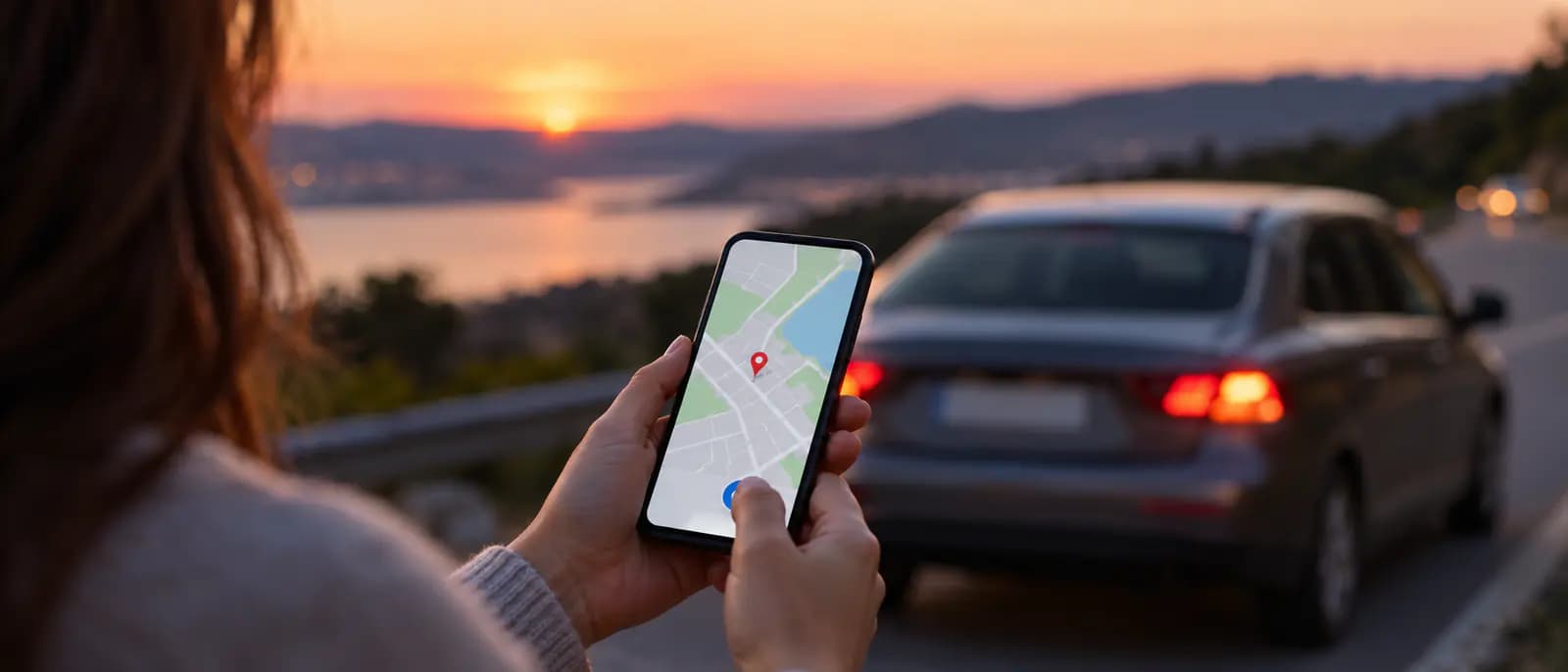 Telefon ekranında genel bir harita üzerinde konum işaretini paylaşan eller