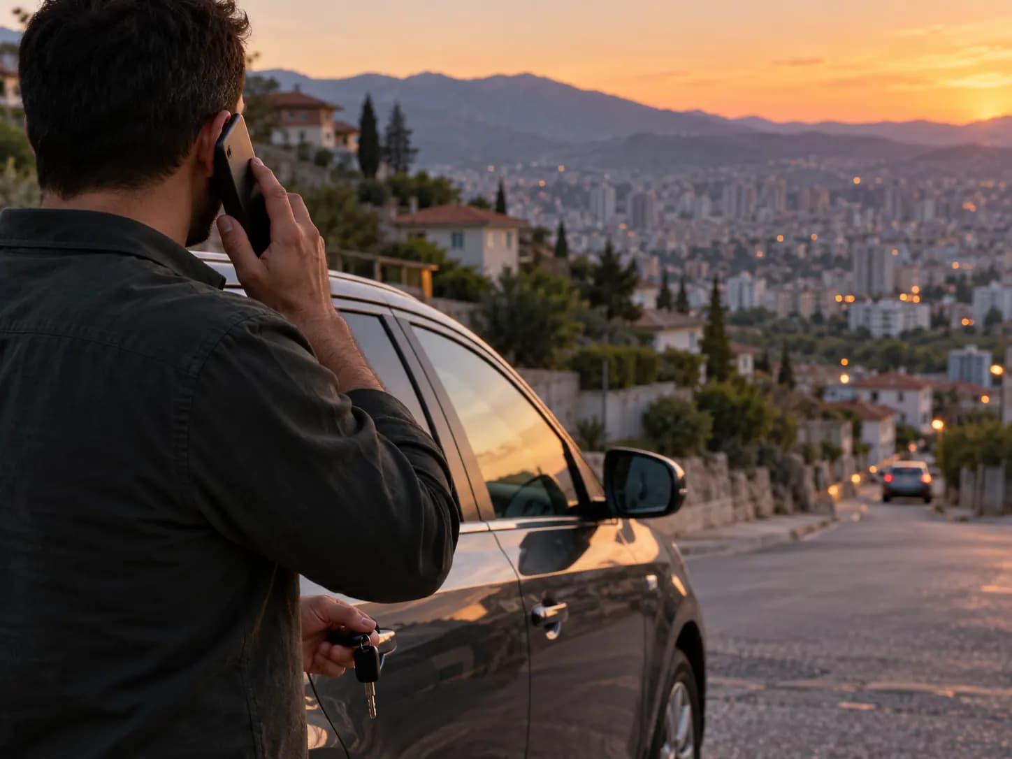 Telefonla konuşan ve aracının yanında bekleyen bir sürücünün elleri