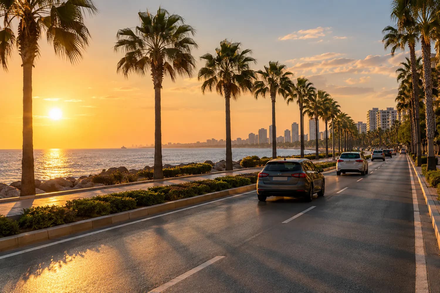 Mersin sahil yolunda palmiyelerle çevrili bulvar ve gün batımı ışığı