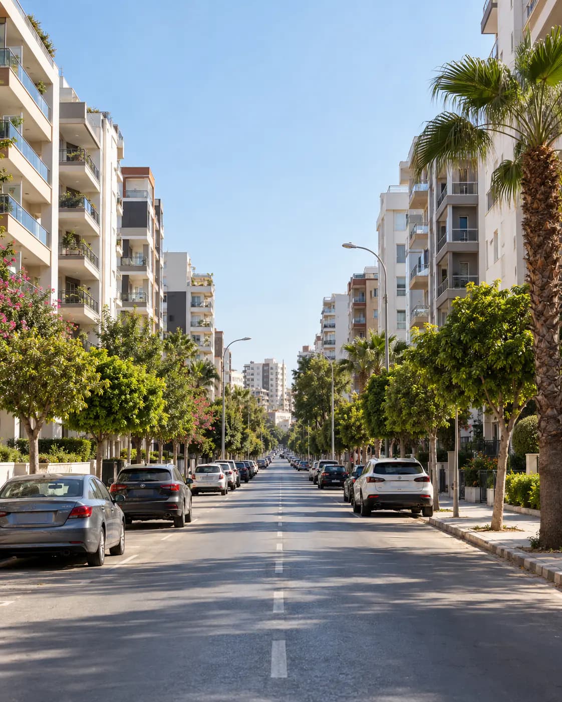 Yenişehir’de düzenli ada yapısındaki apartman sokağında kenara park etmiş otomobiller
