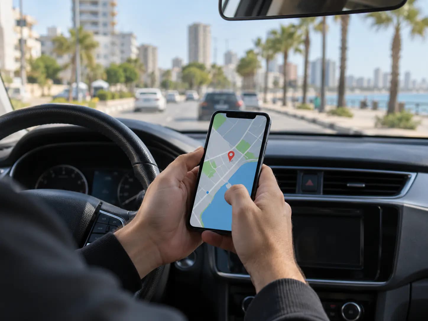 Bir sürücünün elinde, genel bir harita ekranında konum işareti paylaştığı akıllı telefon