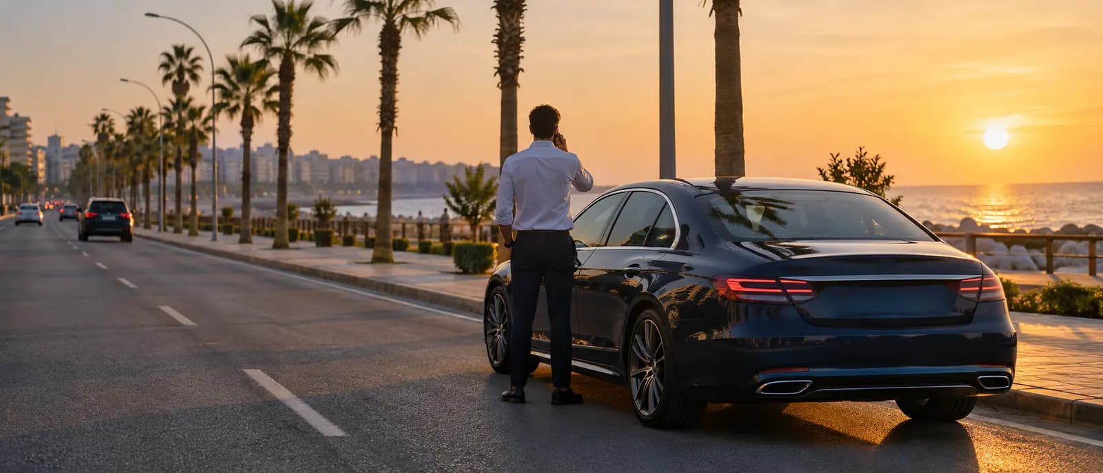 Yol kenarında bekleyen otomobilin yanında telefonla konuşan bir sürücünün arkadan görünümü