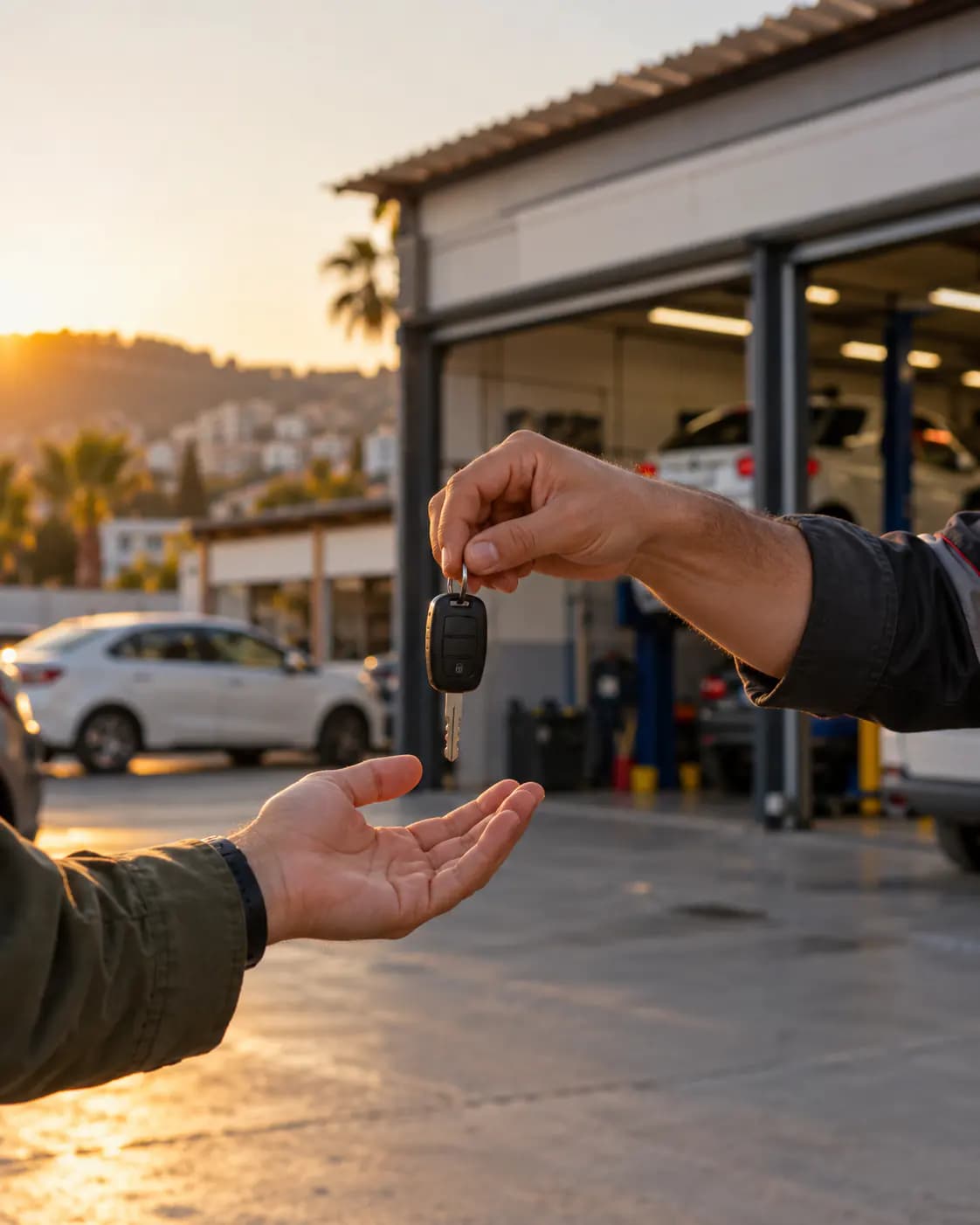 Servis önünde araç anahtarının teslim edildiği iki el