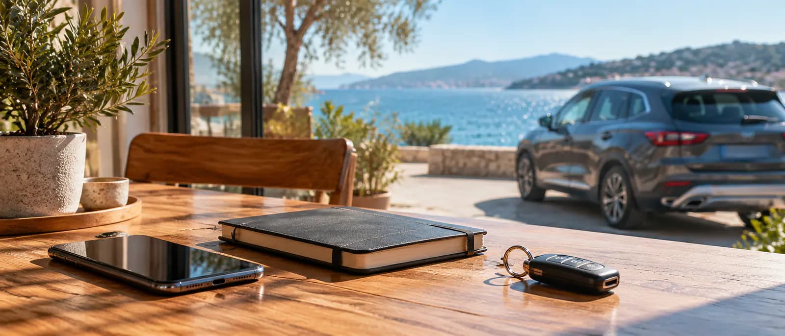 Masanın üzerinde telefon, not defteri ve araç anahtarı