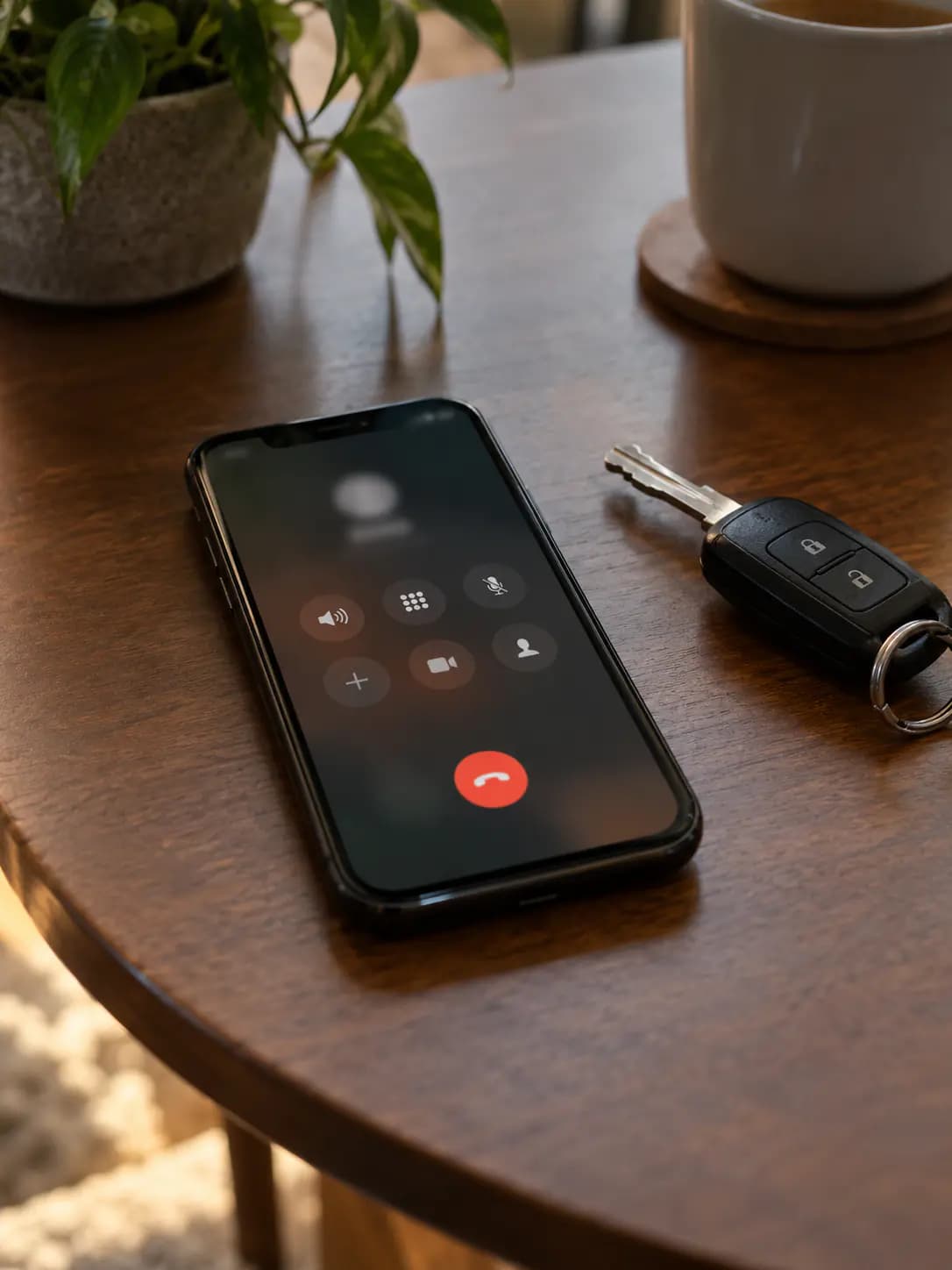 Telefon ekranında devam eden bir görüşme, yanında masada duran anahtar