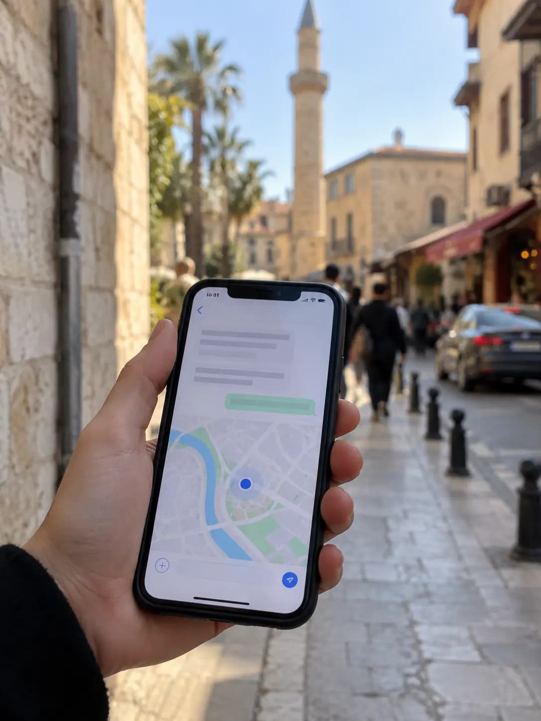 Telefon ekranında yazılmış bir adres tarifi ve sade bir harita görünümü