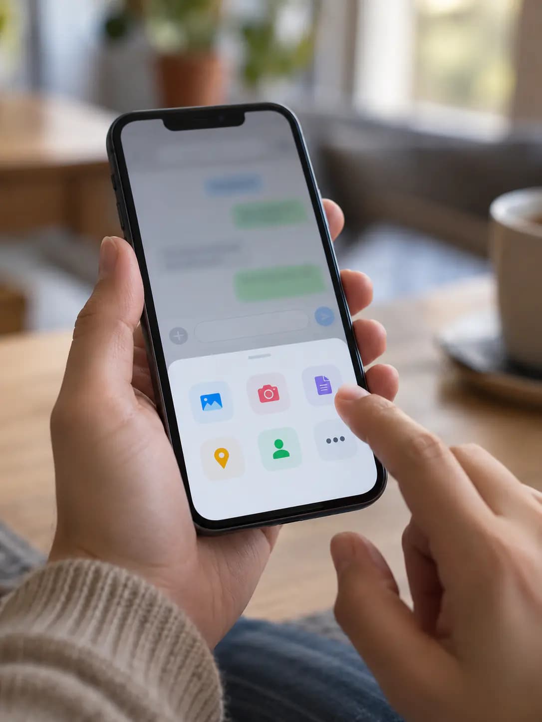 Mesajlaşma uygulamasında ek menüsünün açık olduğu telefon ekranı, sade bir arayüz