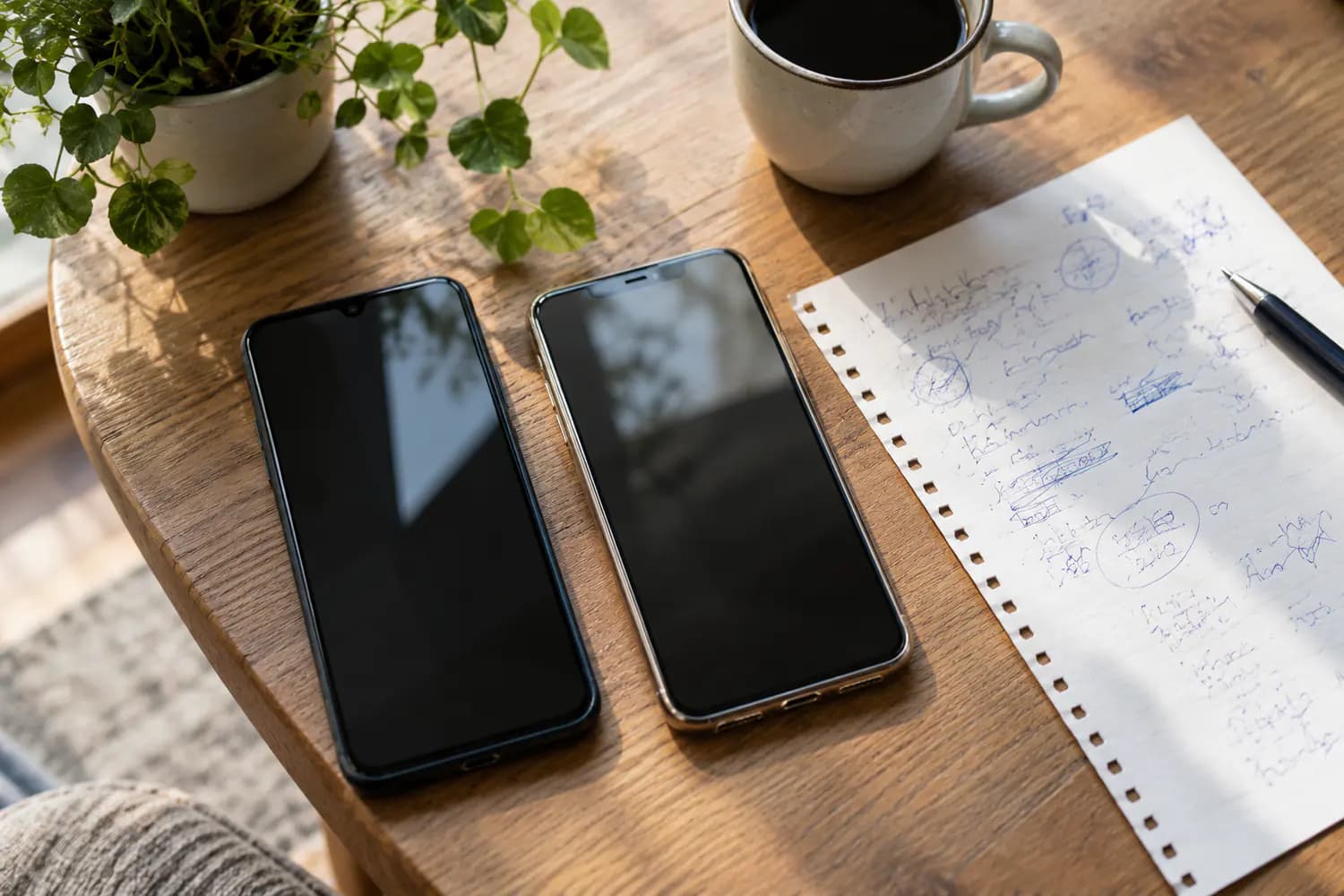 Masada yan yana duran iki telefon ve not alınmış bir kâğıt