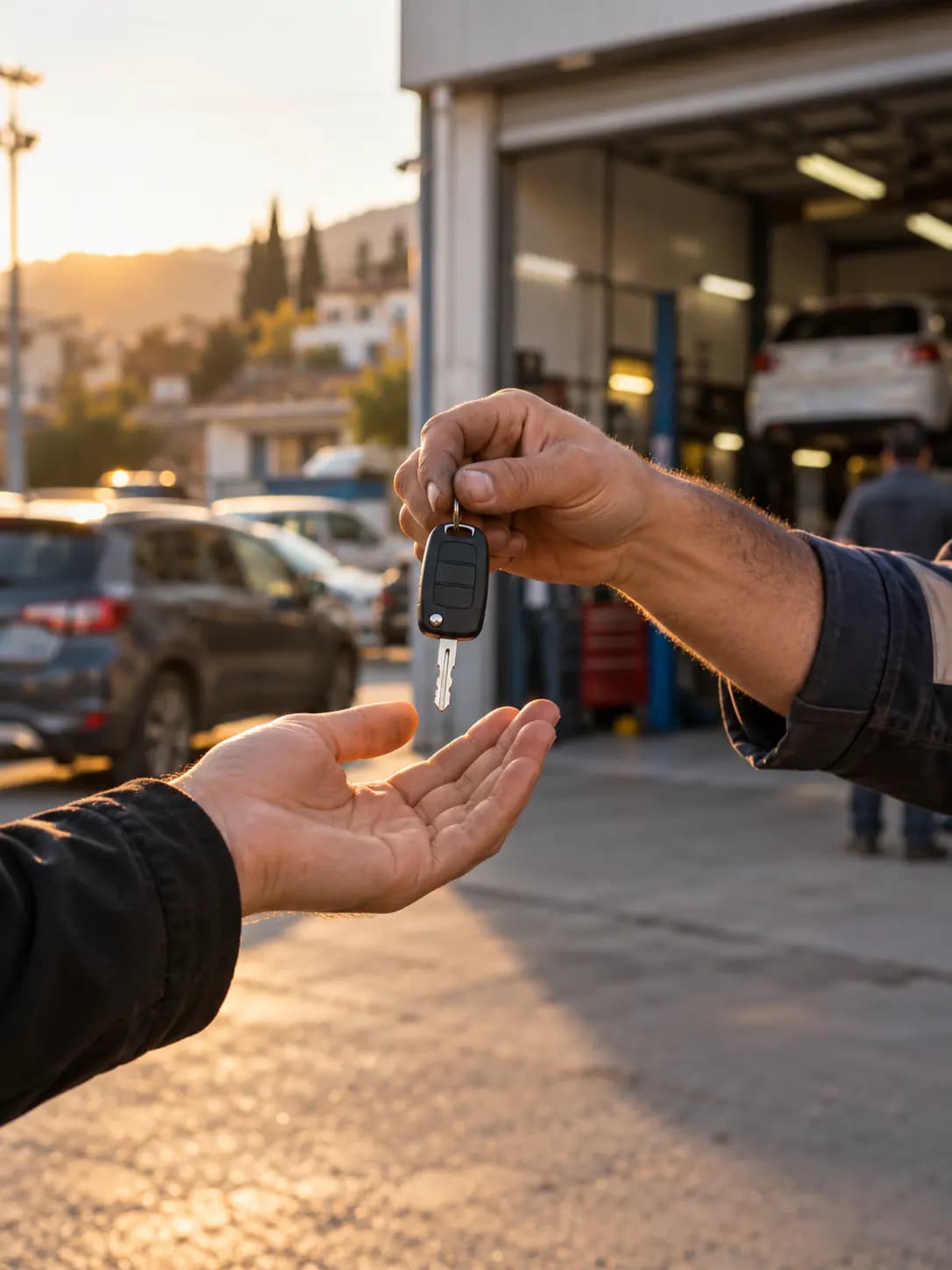 Servis önünde araç anahtarının teslim edildiği iki el
