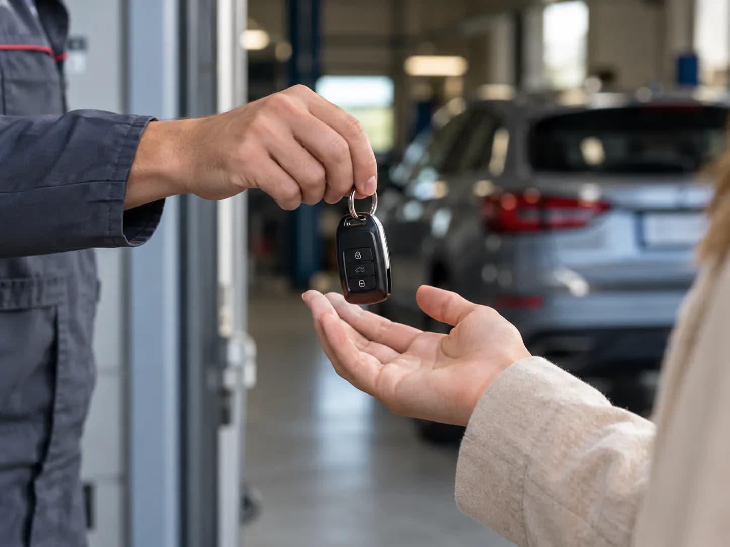 Servis kapısında araç anahtarını teslim alan bir elin yakın görünümü