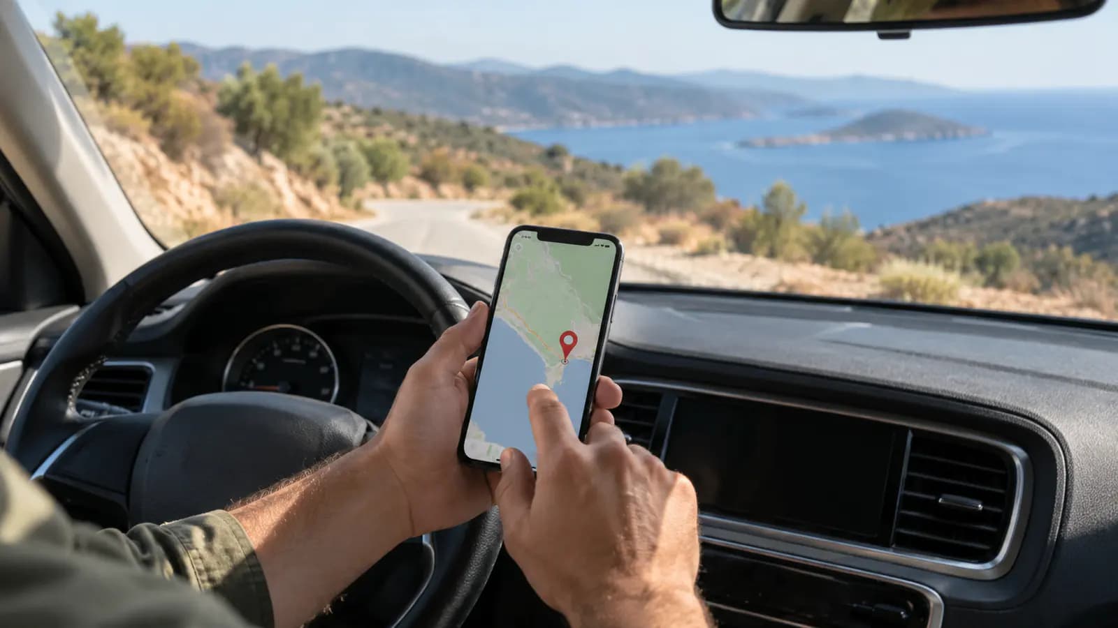 Bir sürücünün telefonunda genel bir harita ekranında konum işaretini paylaşması