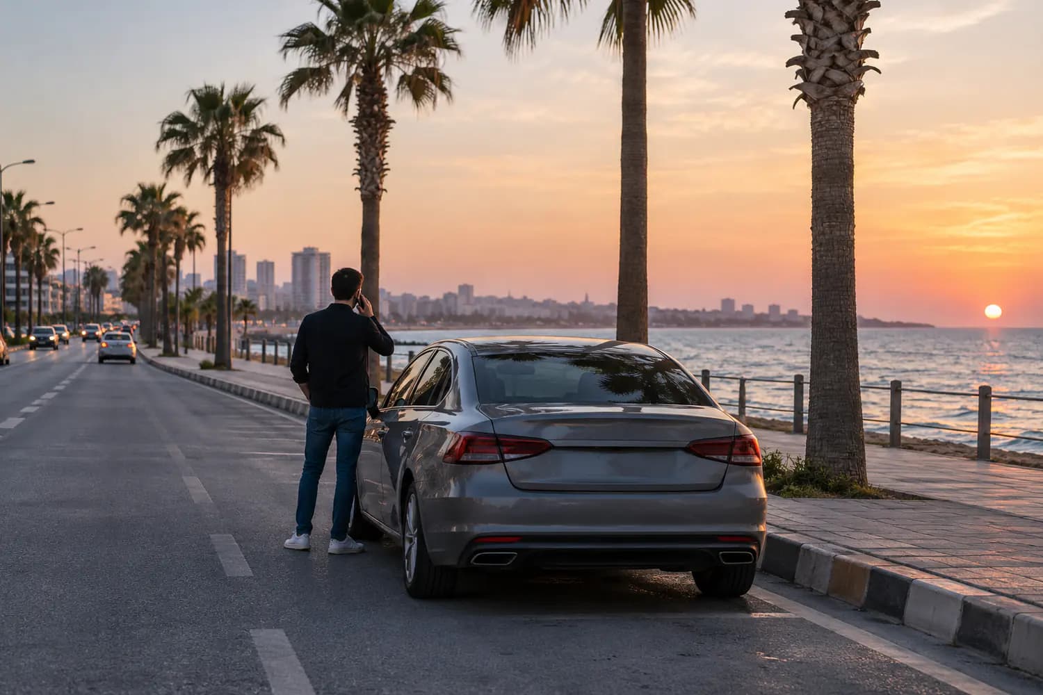 Sahil yolunda park etmiş bir otomobilin yanında telefonla konuşan bir kişi, uzaktan