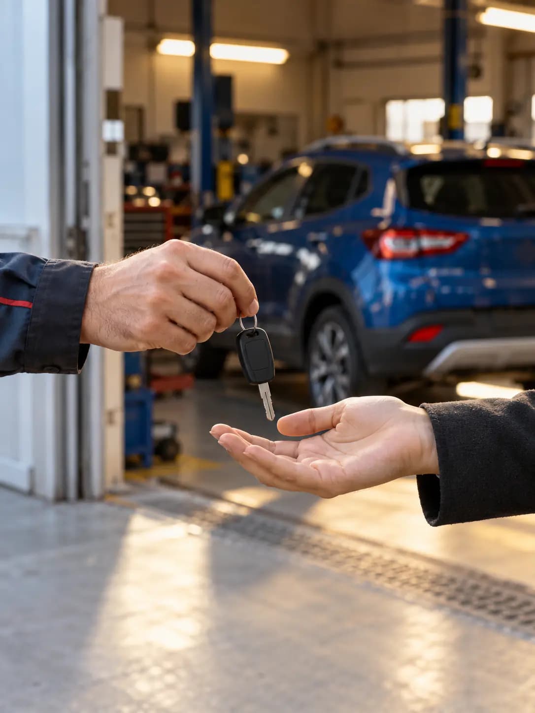 Servis girişinde anahtar teslimi yapan iki el