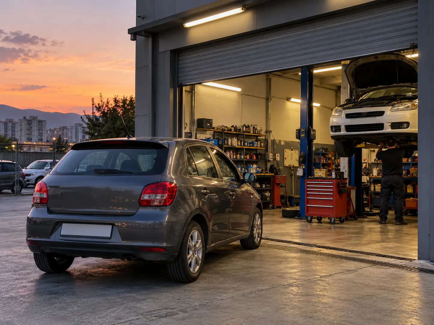 Oto servis önünde teslim bekleyen araç ve açık servis kapısı